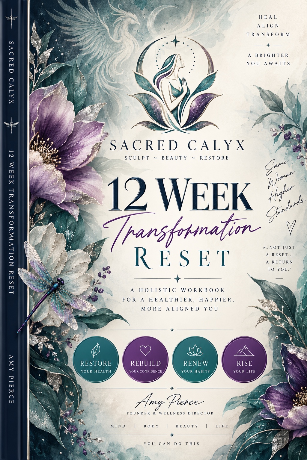 New Sacred Calyx 12-Week Transformation Reset Workbook in navy, teal, purple, cream, grey, and silver